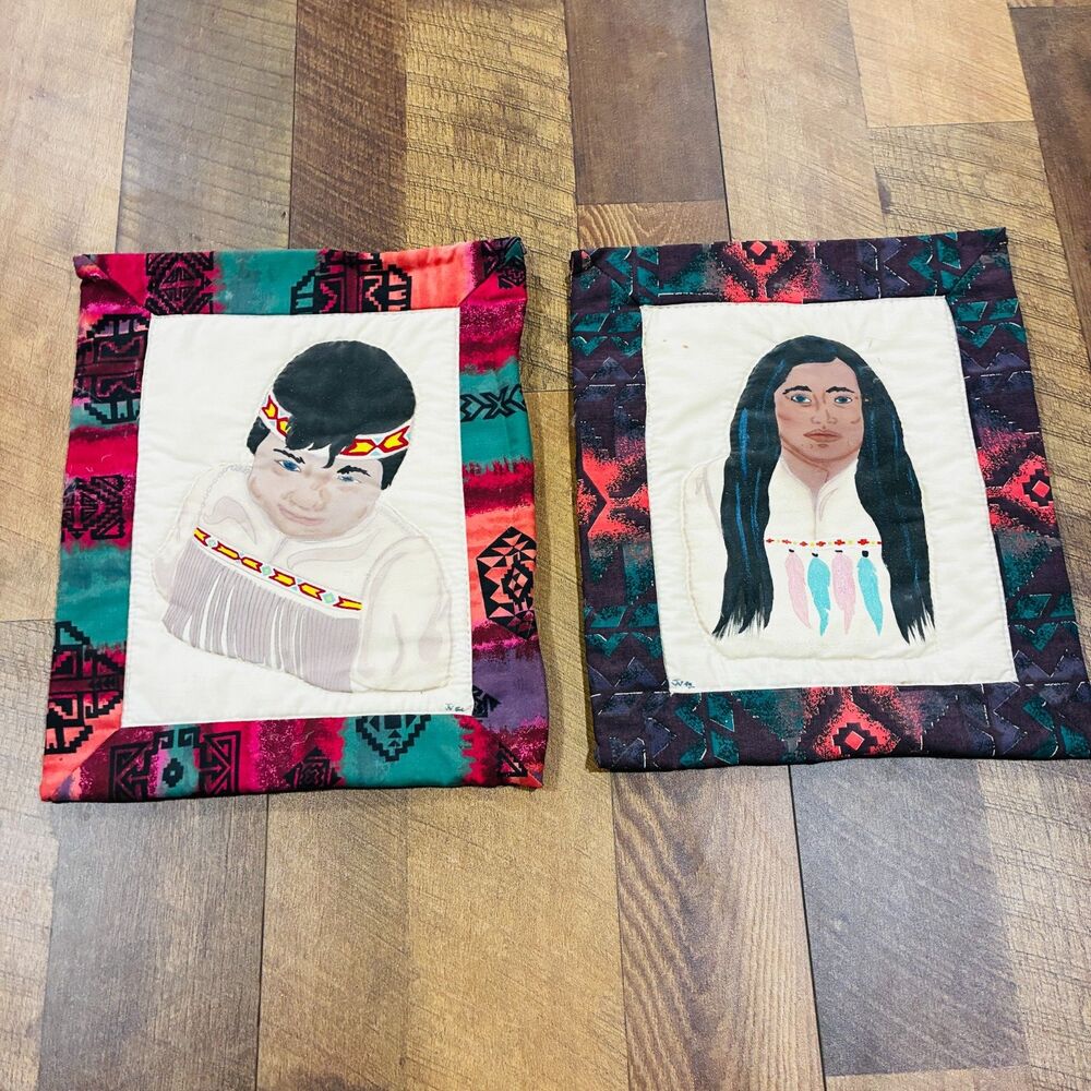 Vintage Native American Quilted Wall Hanging Lot of 2 Hand Painted Southwestern